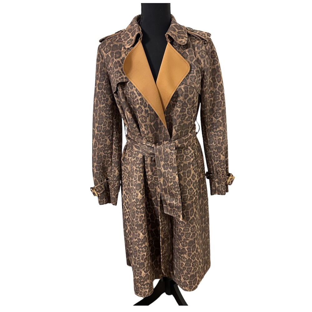 Catherine Malandrino Cheetah Print Faux Leather Long Trench Coat Size XS EUC